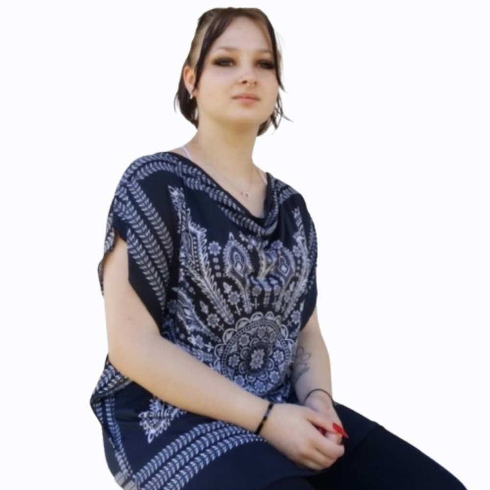PAPILLON Vancouver Black with White Mandala Kaftan Resort Style Tunic Top (XL)